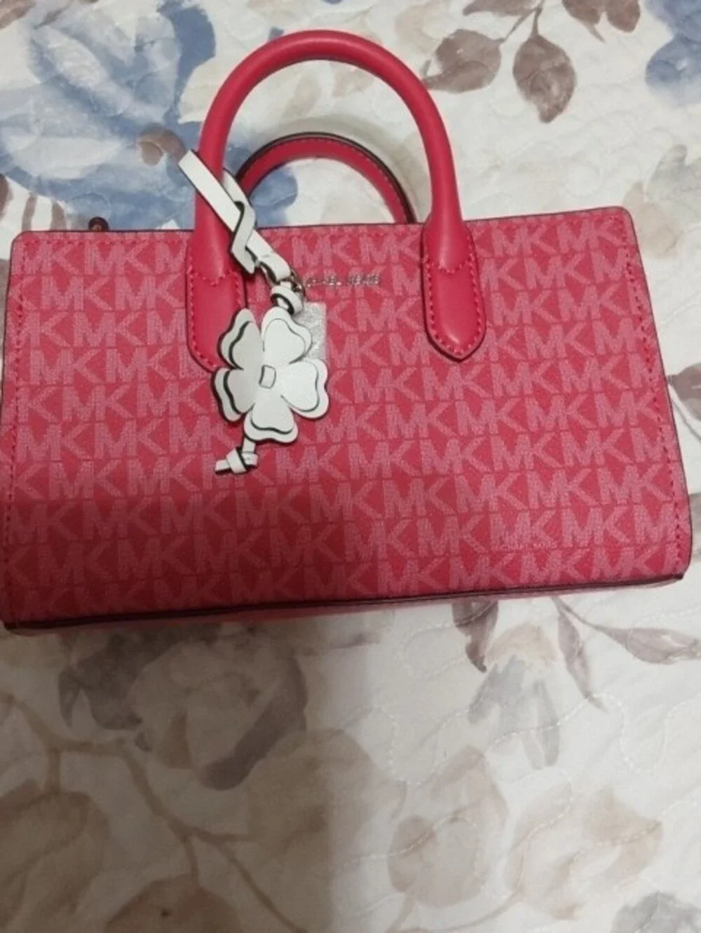 NWT Michael Kors Pink Signature MK Logo Satchel with Flower Charm